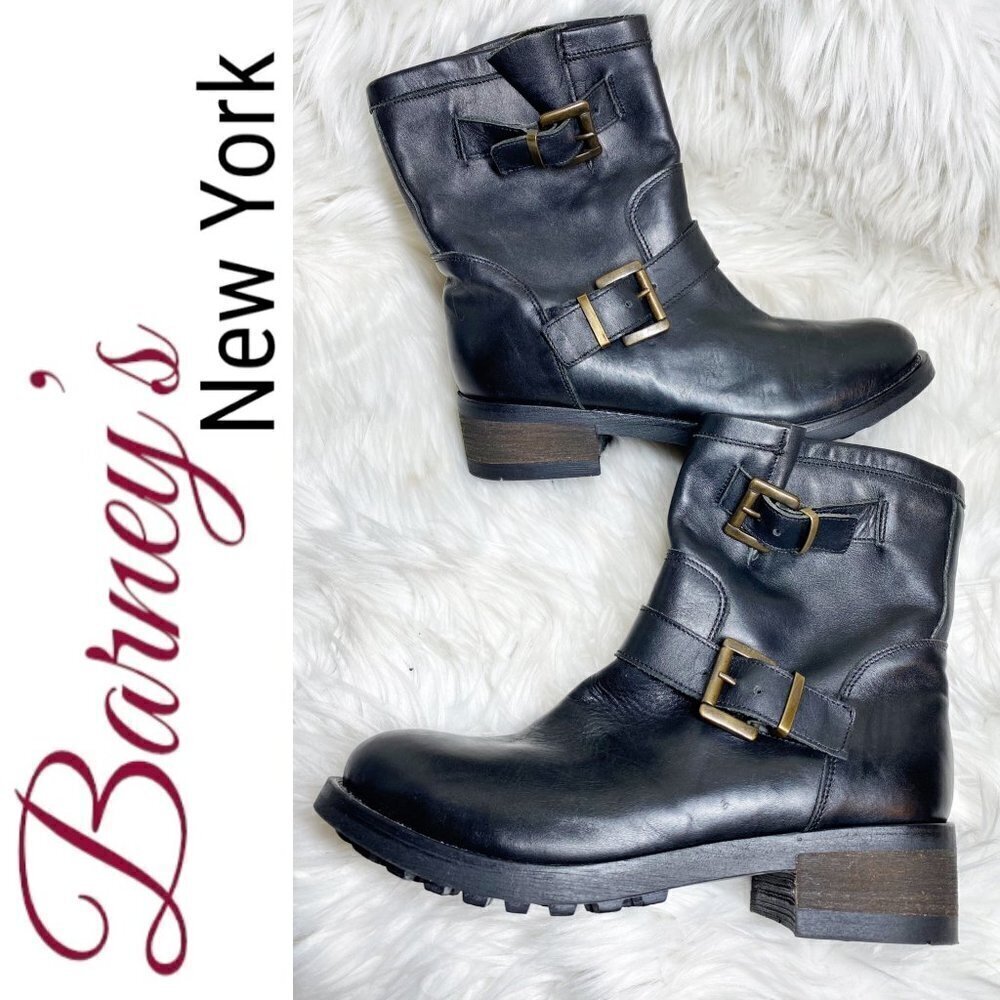BARNEY'S NEW YORK Black Leather Moto Buckle Ankle Boots, Size 37 - Picture 11 of 11